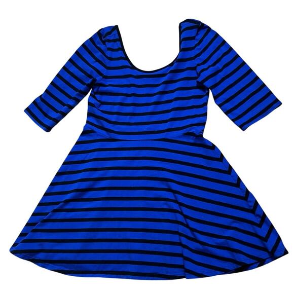 Express Blue and Black Striped Fit & Flare Dress 3/4 Sleeve Scoop Neck L - Picture 5 of 6